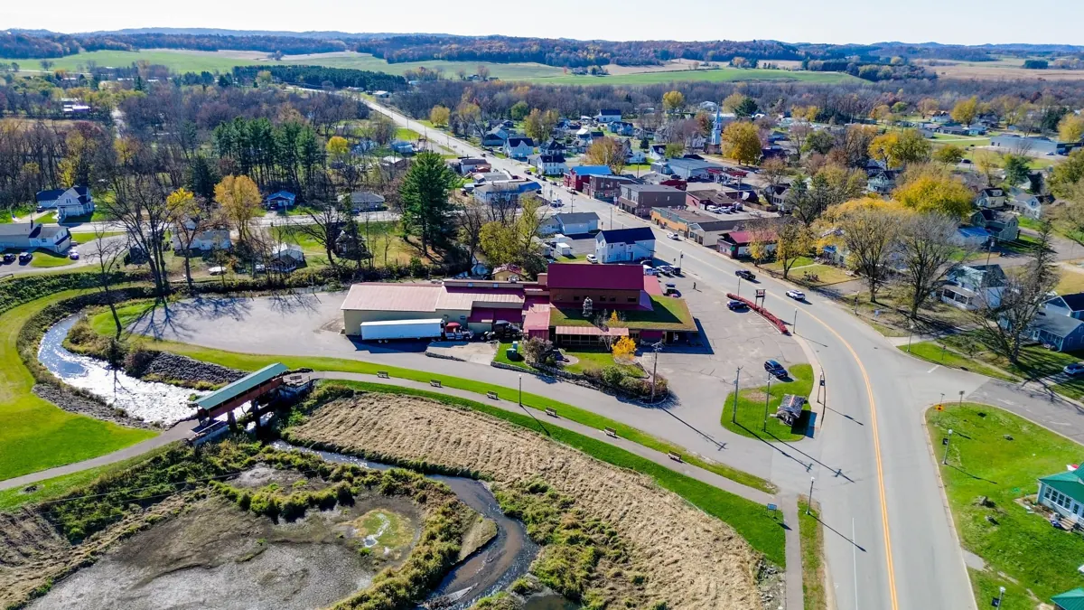 Aerial view of a commercial property and roads